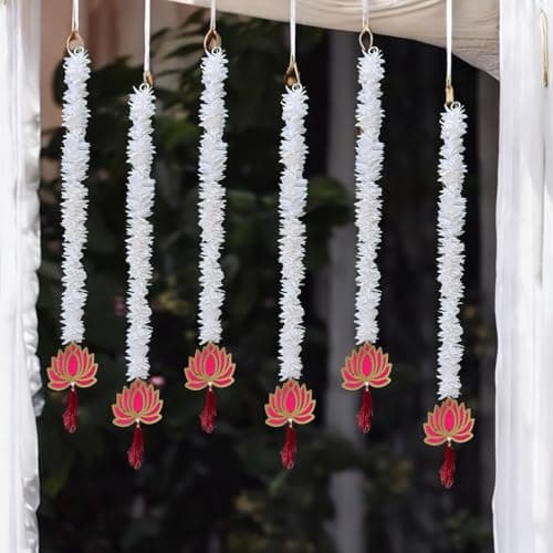 Rajasthan Kraft Artificial Gajra & Wooden Lotus Hanging Pack of 6 | 32 Inch Long | Artificial Garland Set | White Floral Door Hanging | Mandir Decorations Items for Sankranti, Ugadi, Gudi padwa.