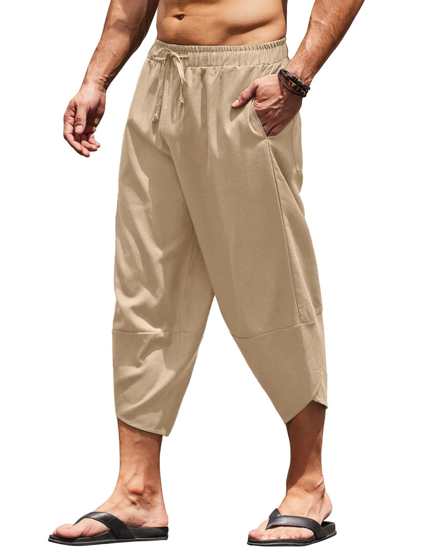 COOFANDY Men's Linen Harem Capri Pants Lightweight Loose 3/4 Shorts Drawstring Elastic Waist Casual Beach Yoga Hippie Trousers Khaki