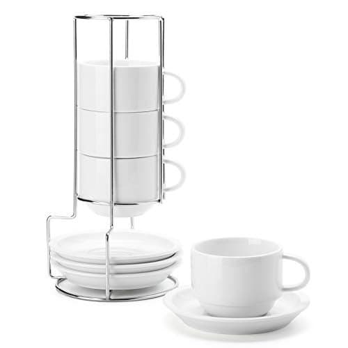 Sweese 8 Ounce Porcelain Stackable Cappuccino Cups with Saucers and Metal Stand - for Specialty Coffee Drinks, Cappuccino, Latte, Americano and Tea - Set of 4, White