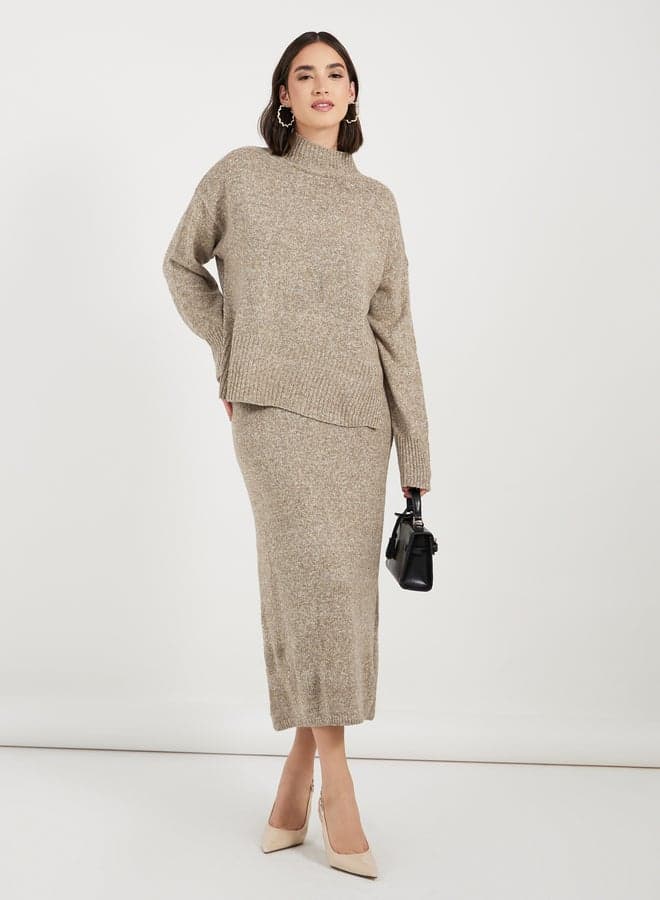 Relaxed Fit Knitted Sweater and Midi Skirt Co-Ords
