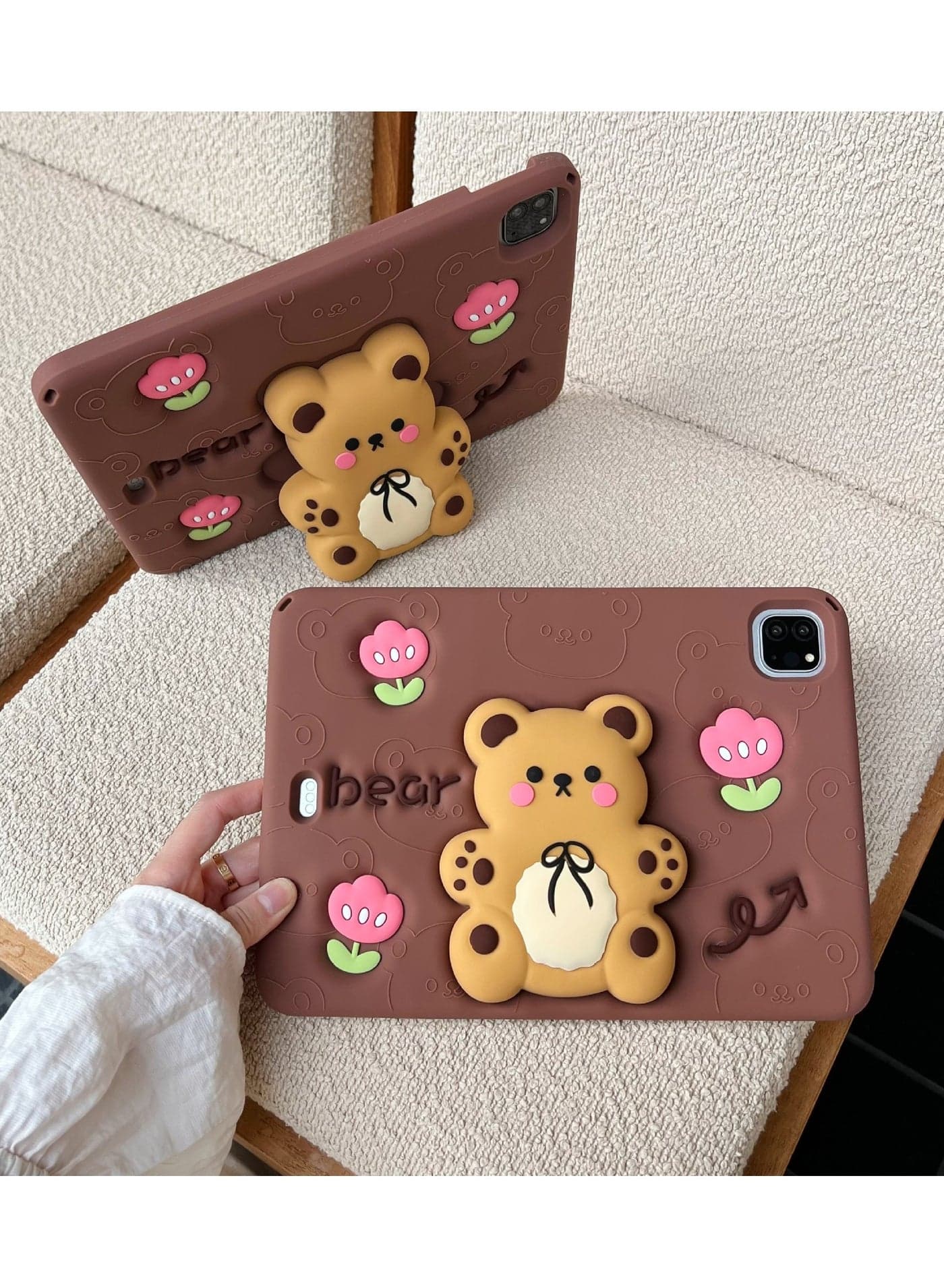 Case for iPad 9th/8th/7th Gen 10.2 Inch Kids Silicone Case, Boy Girl Cute Case Kawaii 3D Cartoon Bear Stand/Shoulder Strap, Tablet Cover for iPad Case 10.2