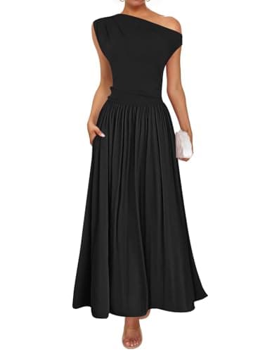 ZESICA Women's Summer 2025 Sleeveless Maxi Dress One Shoulder Casual Slim Swing Pleated Formal Dresses with Pockets,Black,X-Large