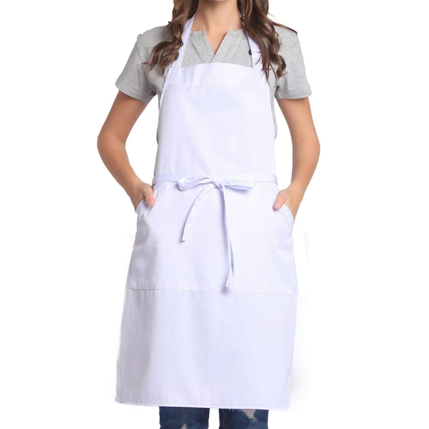 BIGHAS Adjustable Bib Apron with Pocket Extra Long Ties for Women Men 18 Colors Chef Kitchen Home Restaurant Cafe Cooking Baking White