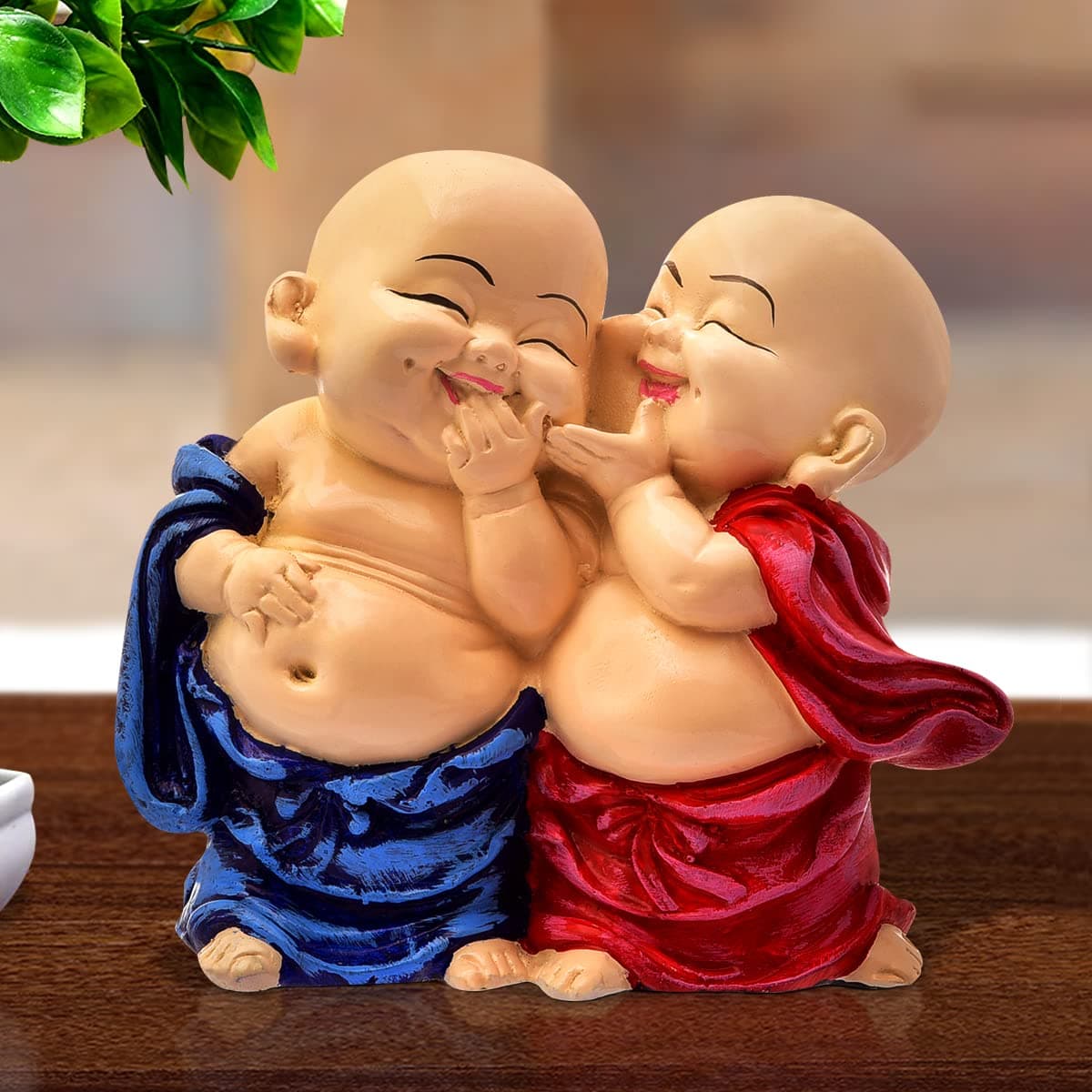 Karigaari India Handcrafted Resine Little Laughing Buddha Monk Sculpture Showpiece for Home Dcor and Office Blue