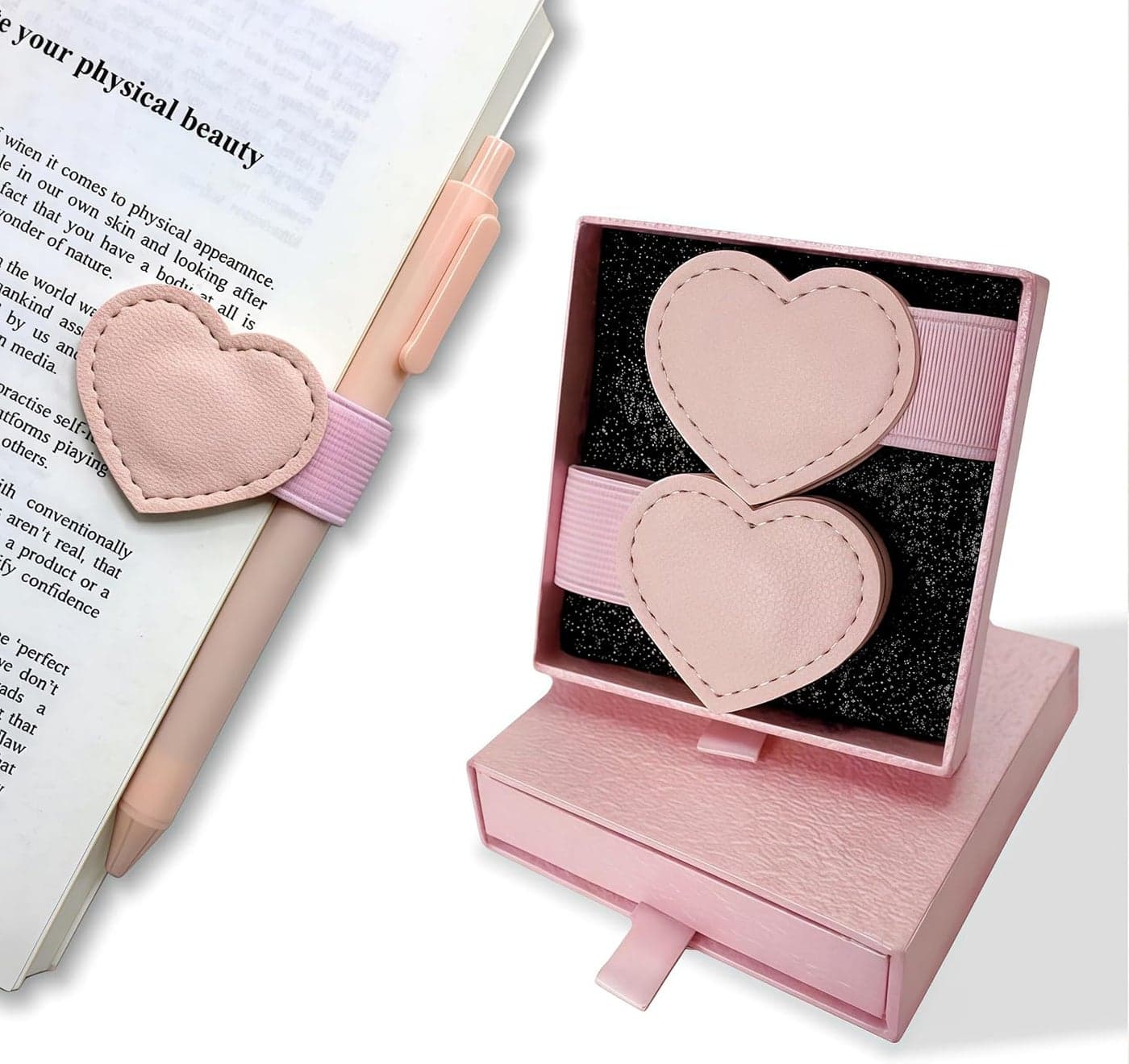 Winjeto 2 Pcs Magnetic Heart Bookmarks with Pen Holder, Book Lovers Gifts | Cute Magnet Clips Bookmark | Pink Gifts | Book Marks for Reading Women Kids | School Office Supplies with Gift Box