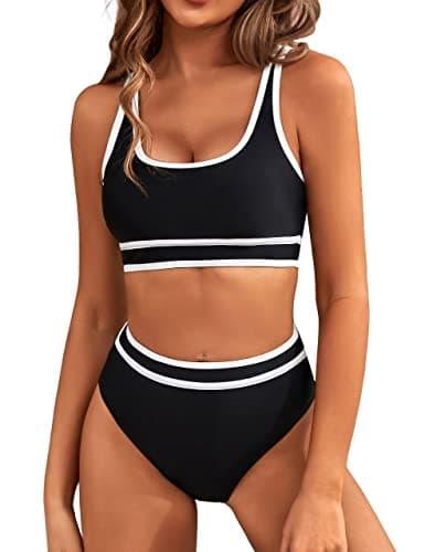 BMJL Women's High Waisted Bikini Sets Sporty Two Piece Swimsuits Color Block Cheeky High Cut Bathing Suits(XL,Black)