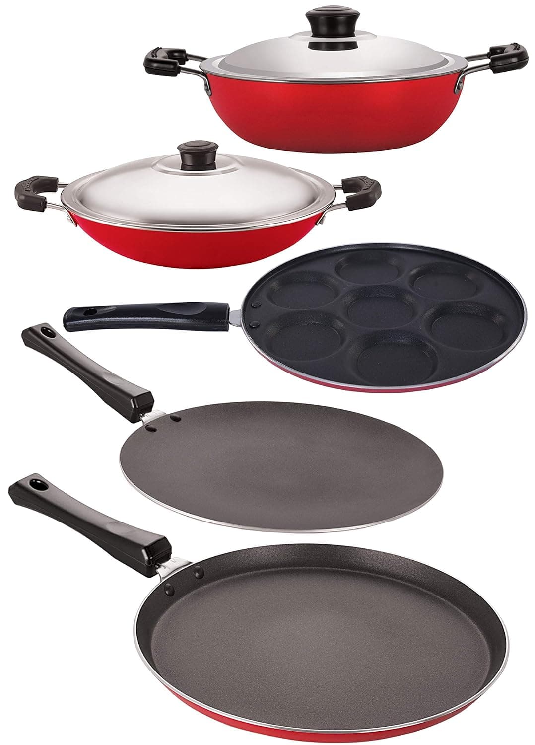 Nirlon Non-Stick Aluminium Cookware Set, 5-Pieces, Red and Black (2.6mm_FT13_CT_DKDB_CHATTI_UP)