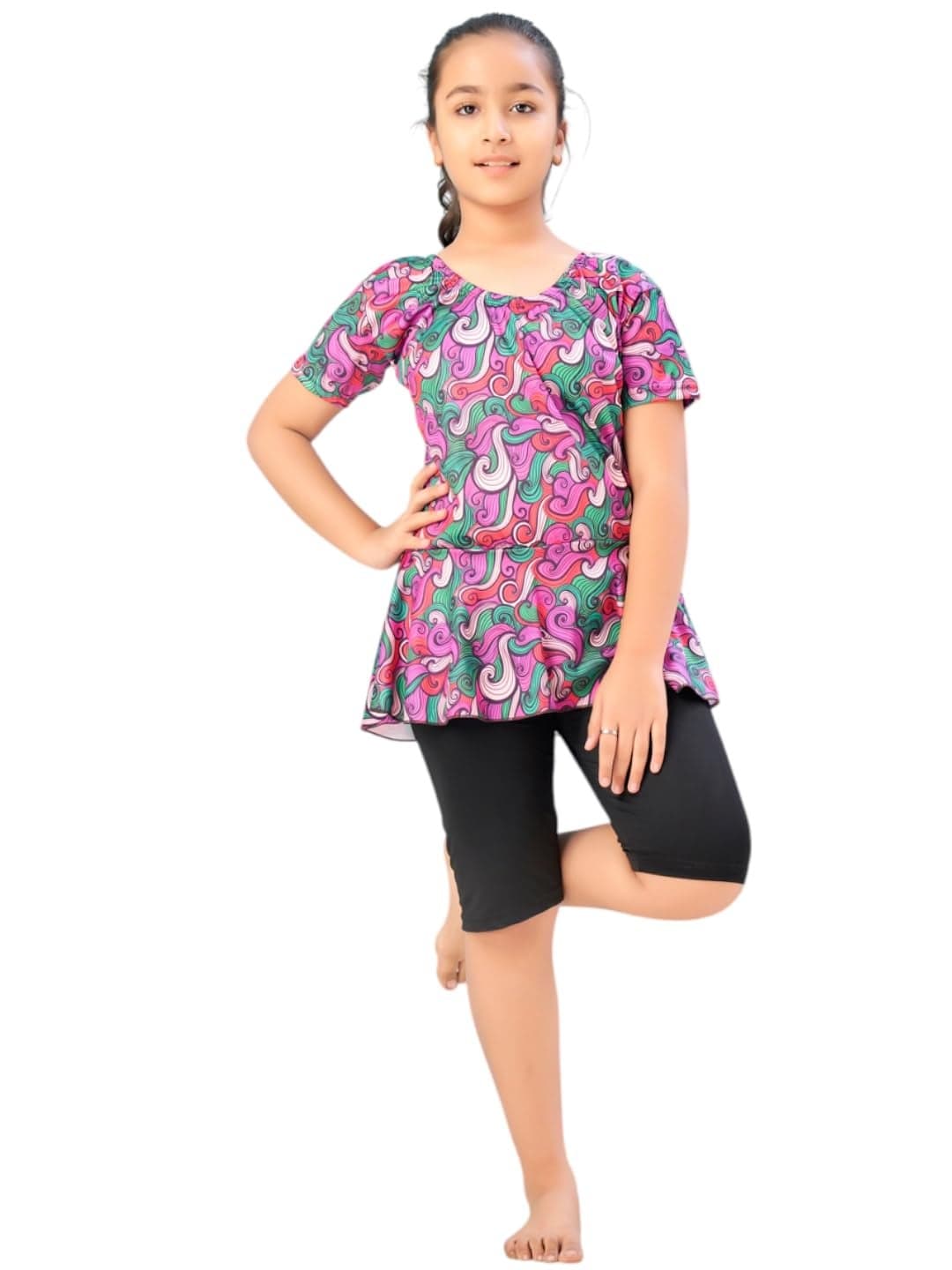 Aarika Girls Sports Wear Purple-Black Colour Abstract Print Nylon Swim Suit (5-15 Years)-(SW-SHM-CA-1118)