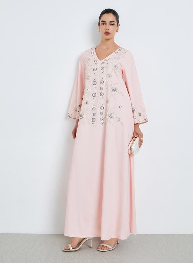 Women Light Pink Embroidered Jalabiya