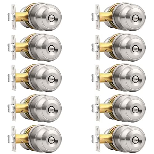 Probrico Brushed Nickel Bed/Bath Door Knobs, Satin Ball Door Knob, Interior Door Knobs for Bedroom Bathroom, Privacy Function, 10 Pack