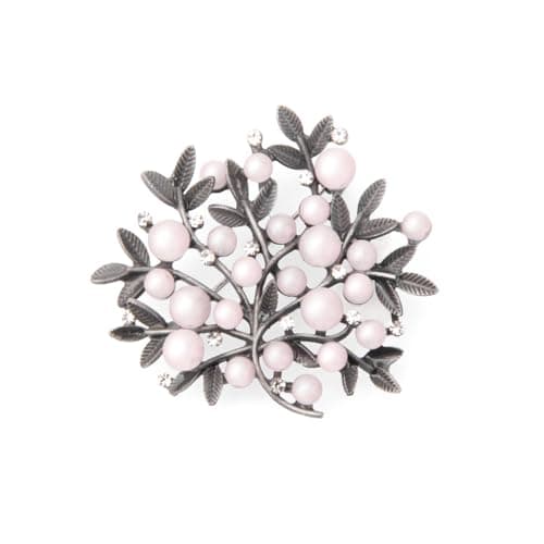 Wynameleri Lapel Pins Brooch Grey Vintage Clump of Leaves Design with Rhinestones and Pink Pearls in Gift Box