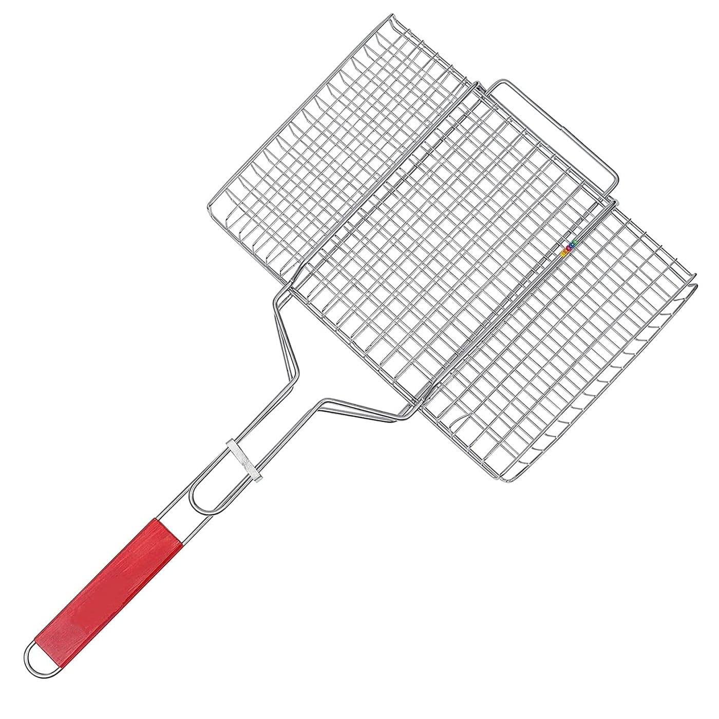 GION Portable Barbecue BBQ Grill Net Basket Roast Grilling Tray Chromium Plated with Wooden Handle Pack of 1