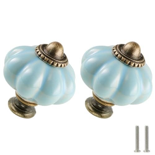 Zernmiarder Light Blue Pumpkin Knobs 2 Pack Ceramic Cabinet Knobs Vintage Drawer Pulls - Antique Dresser Pulls with Screws for Closet Drawer Cupboard Cabinet and DIY Home Project