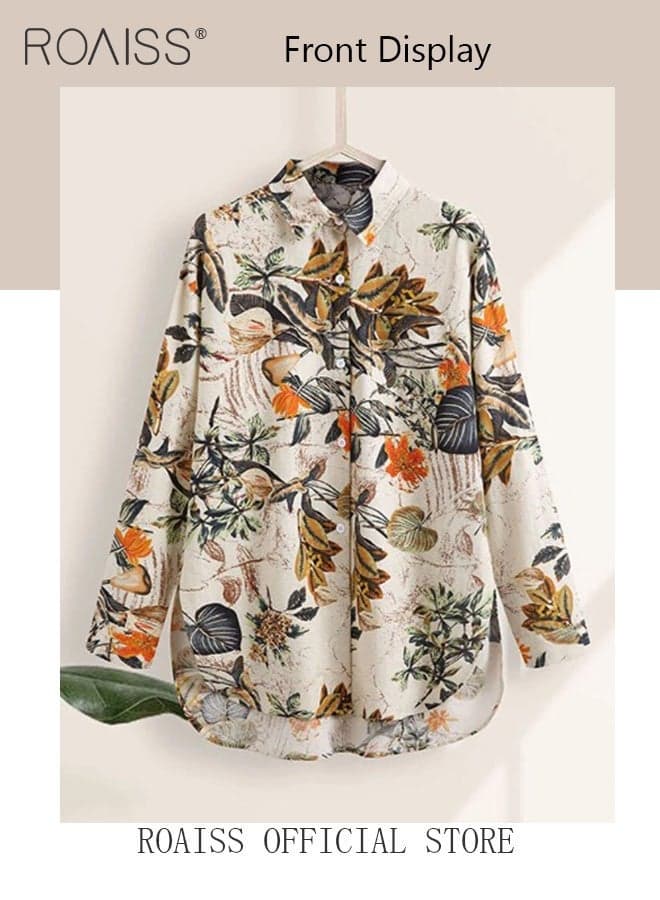 Woman Floral Long Sleeve Shirt, Summer Elegant Loose Fit Blouse, Vintage Boho Tropical Leaf Print Top, Collared Neck High Low Hem Shirt, Breathable Cotton Linen Top, Daily Casual Wear Beach Vacation Outfit