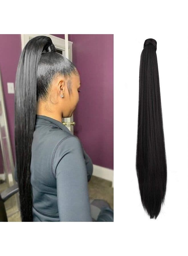 32 Inch Clip in Ponytail Extension Wrap Around Long Straight Pony Tail Hair Synthetic Hairpiece for Women - Black