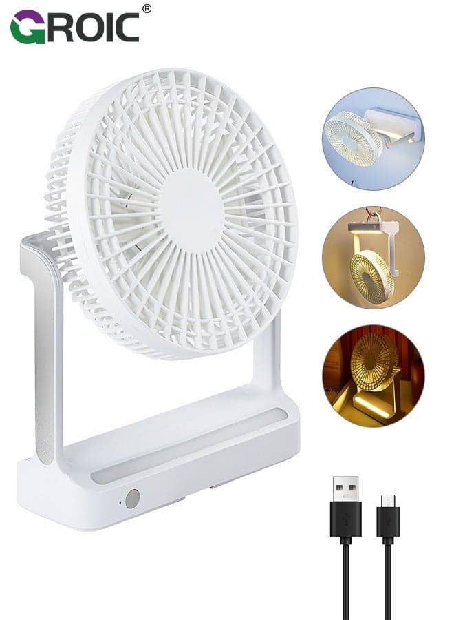 6 inch 2400mAh Camping Fan with LED Lantern and Hook, Rechargeable Battery USB 3 Speeds 350°Head Rotation, Desk Table for Outdoor Tent Travel Picnic