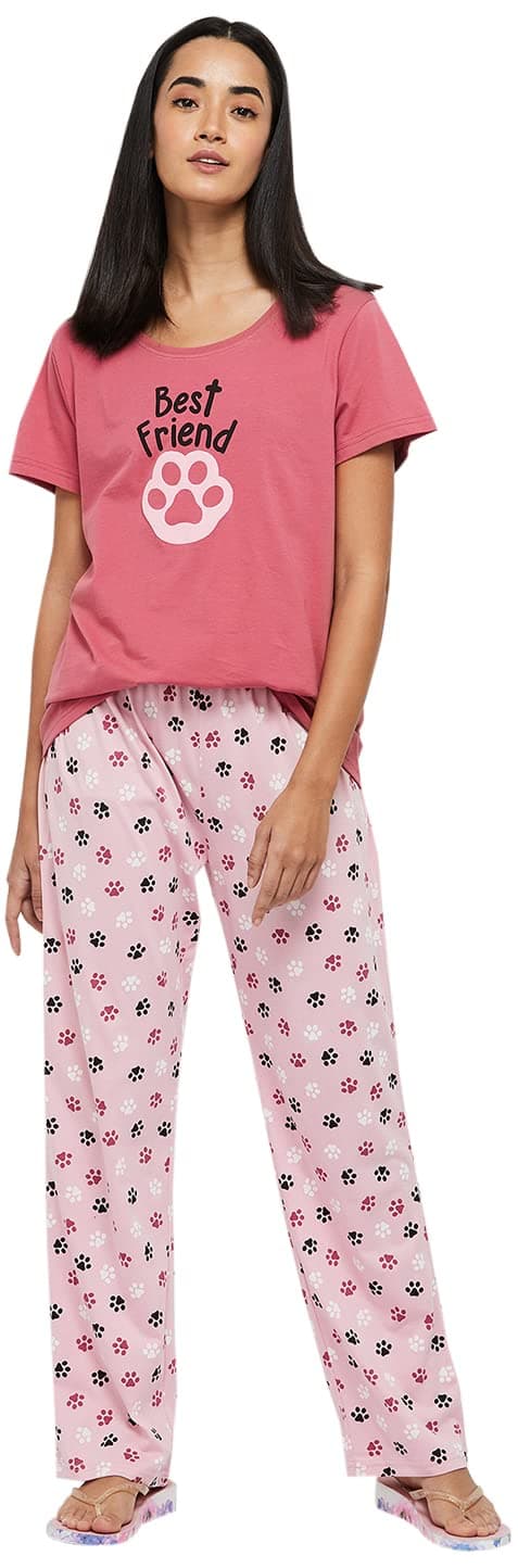 Max Women's Printed Round Neck Half Sleeve Cotton Pyjama Set Mauve