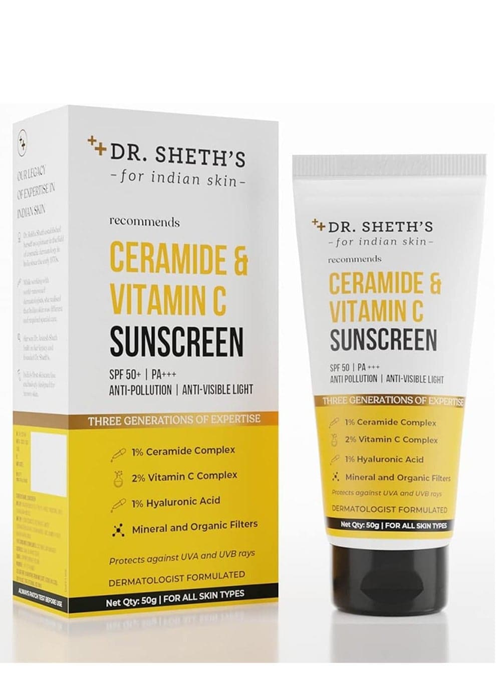 Sunscreen SPF 50 Cream with Ceramide & Vitamin C for Oily, Sensitive, Dry Skin | For Intense Hydration | Non Greasy, Quick Absorbing | Zero White Cast | PA+++ | For Women & Men | 50g