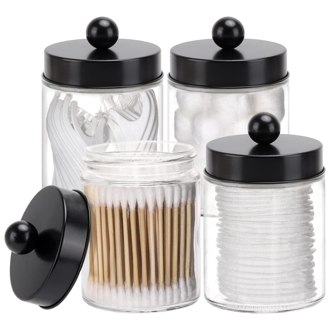 Tbestmax Glass Qtip Holder Dispenser 10Ounce Bathroom Containers Apothecary Jars with Metal Lids for Cotton Ball Swab Pad Black 4 Pack