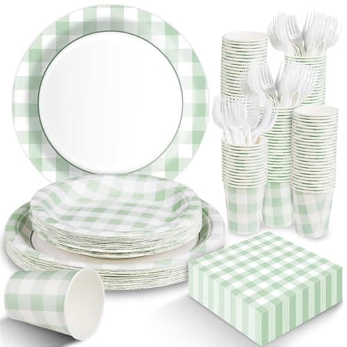 EggSun Sage Green Gingham Disposable Plates and Napkins Party Supplies, Green and White Tableware Set Green Plaid Paper Plates for Birthday Family Dinner Picnic BBQ Baby Shower Wedding Decor Serves 25