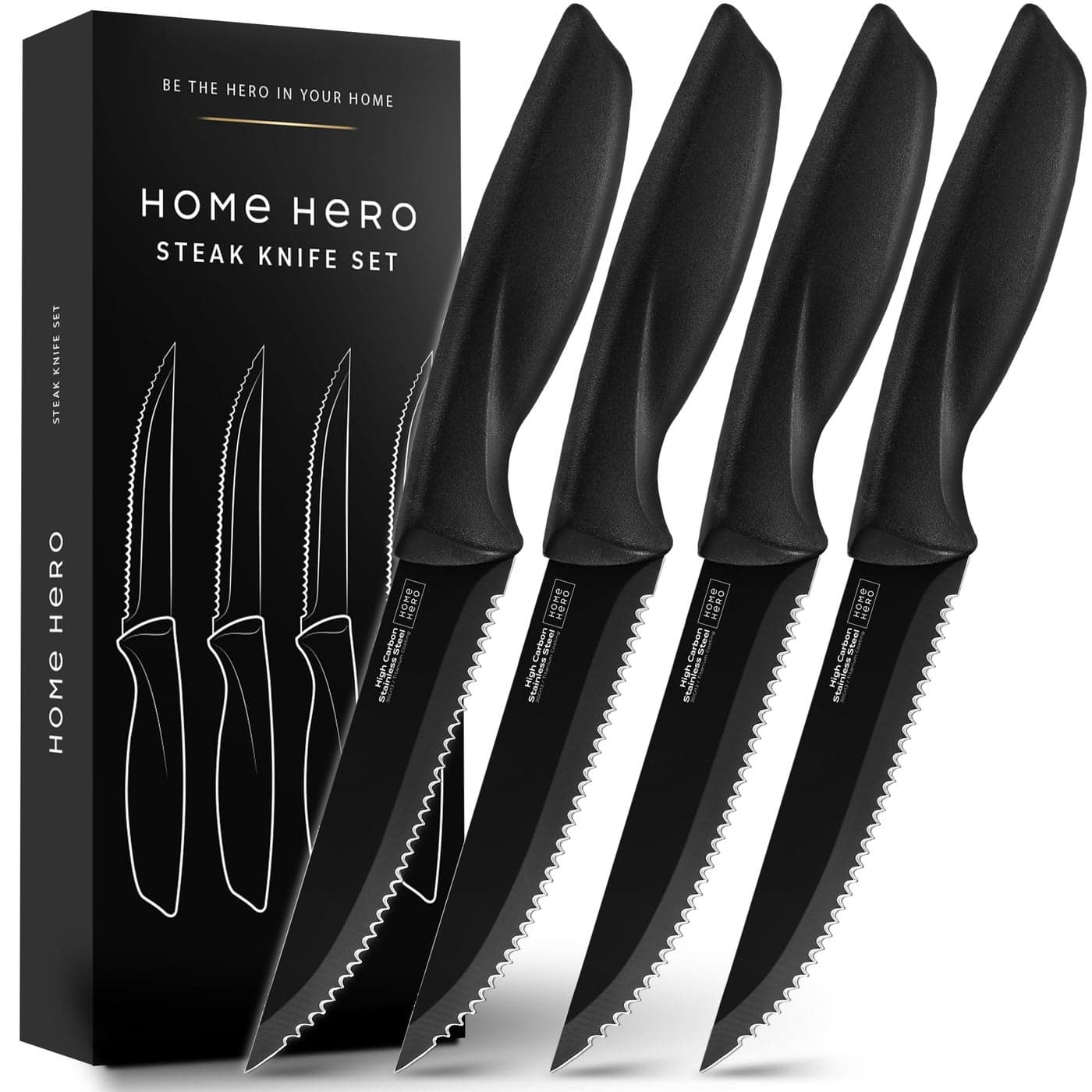 Home Hero Steak Knives, Sharp Steak Knives Set, High-Carbon Stainless Steel Steak Knife Set, Ergonomic Handles Serrated Steak Knives (4 Pcs - Black)