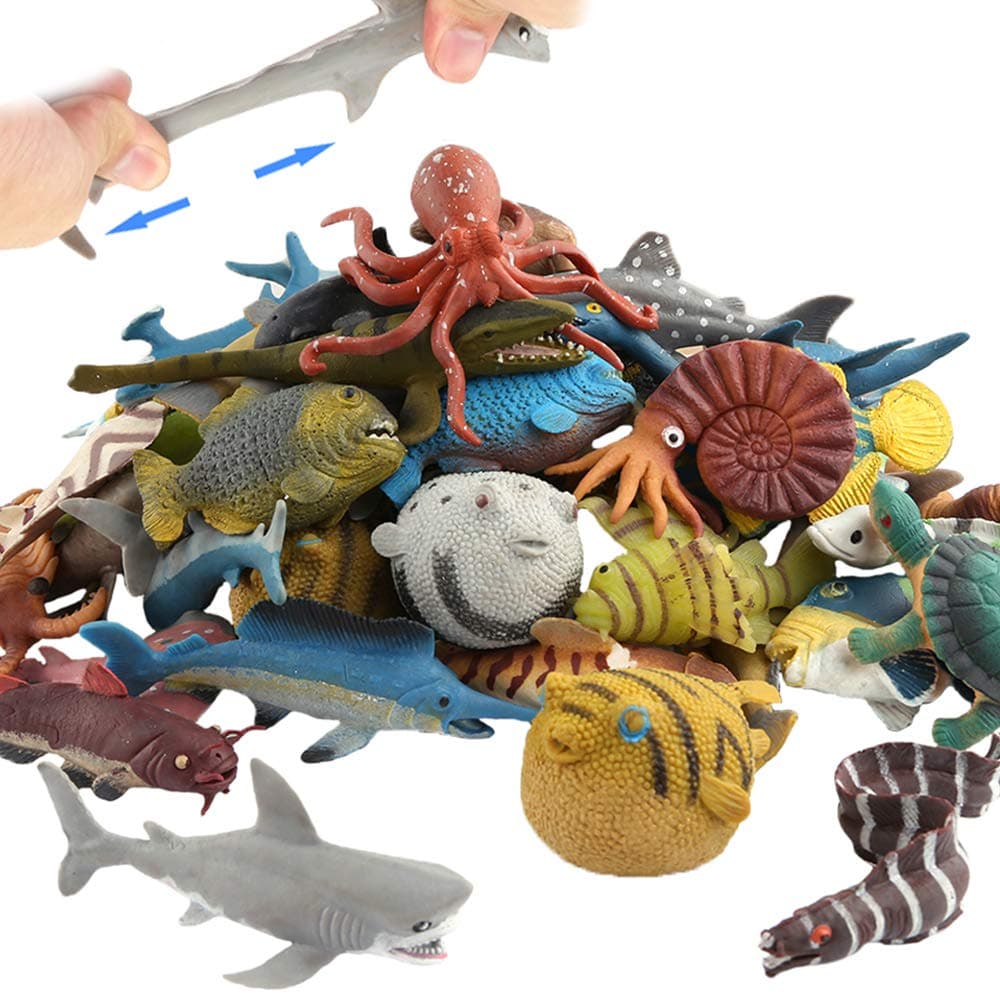 18 Pack Assorted Ocean Animal Stretchy and Floating Rubber sea Animals Toy Set Mini Realistic Under The Sea Life Figure for Toddler Bath Bathtub Shark Octopus Fish Toys Bulk for Kid Party