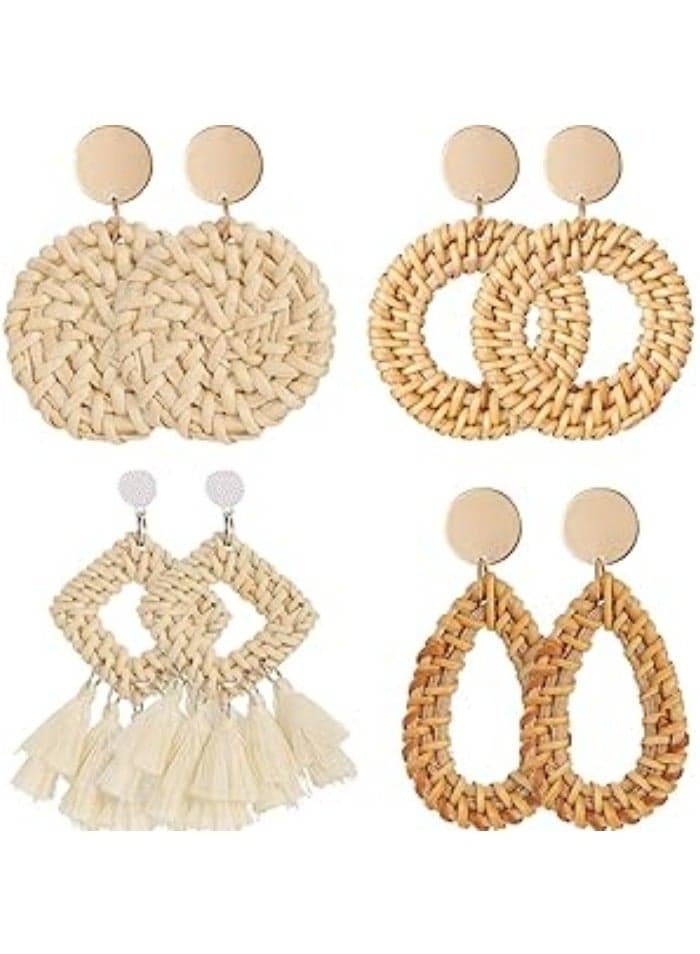 4 Pairs Rattan Earrings for Women Beach Essentials Tassel Dangle Boho Straw Earrings