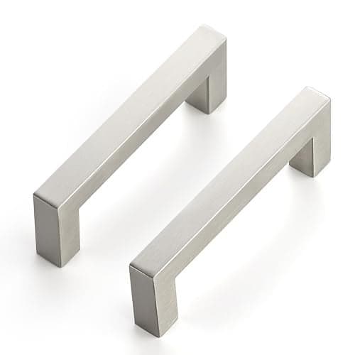10 Pack Brushed Nickel Cabinet Pulls, 3.75 Inch (96 mm) Hole Center Cabinet Handles, Square Kitchen Hardware for Doors, Drawers & Cupboards, Silver Stainless Steel, 4.25 Inch Overall Length