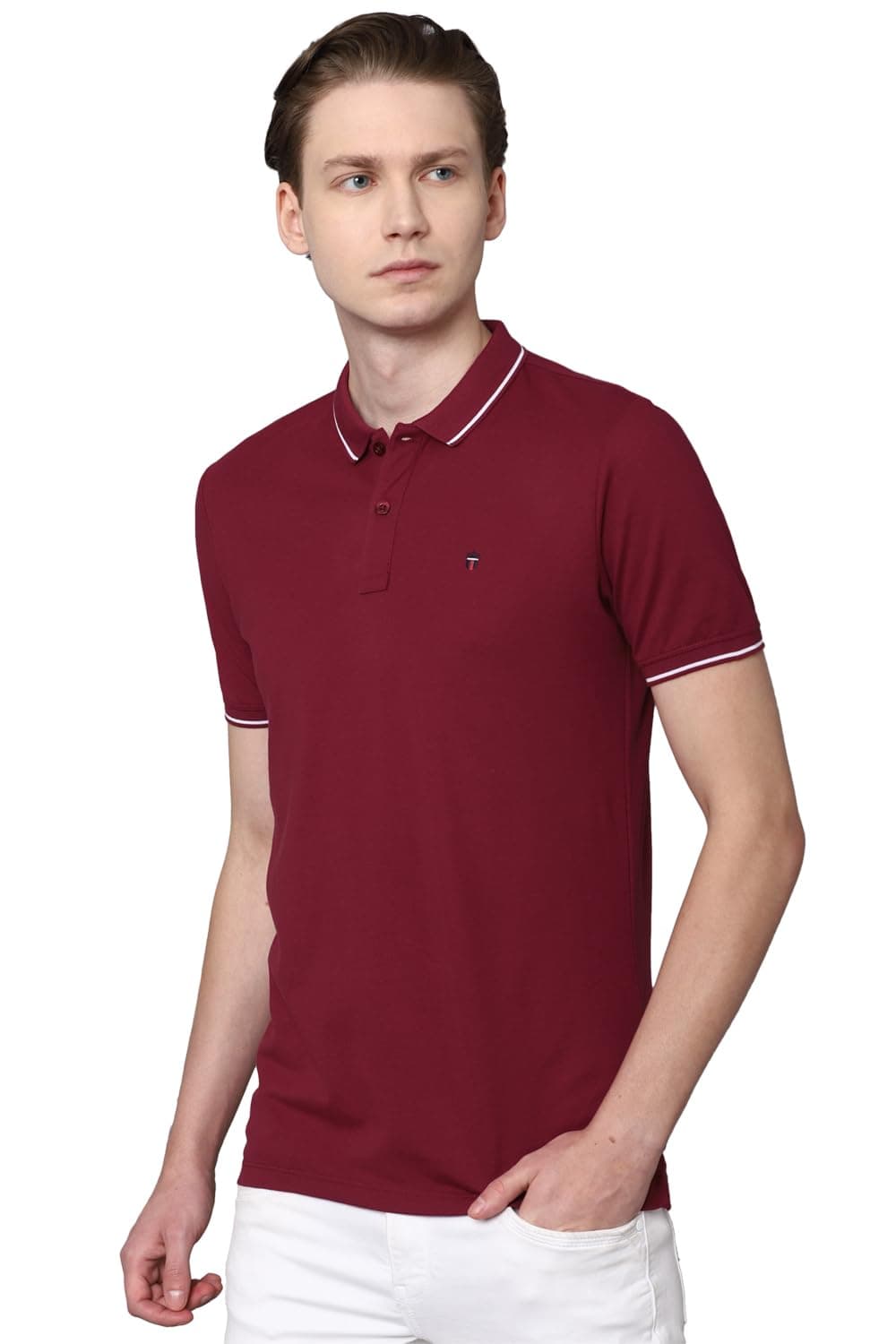 Louis Philippe Men Maroon Solid Polo Neck T-Shirt