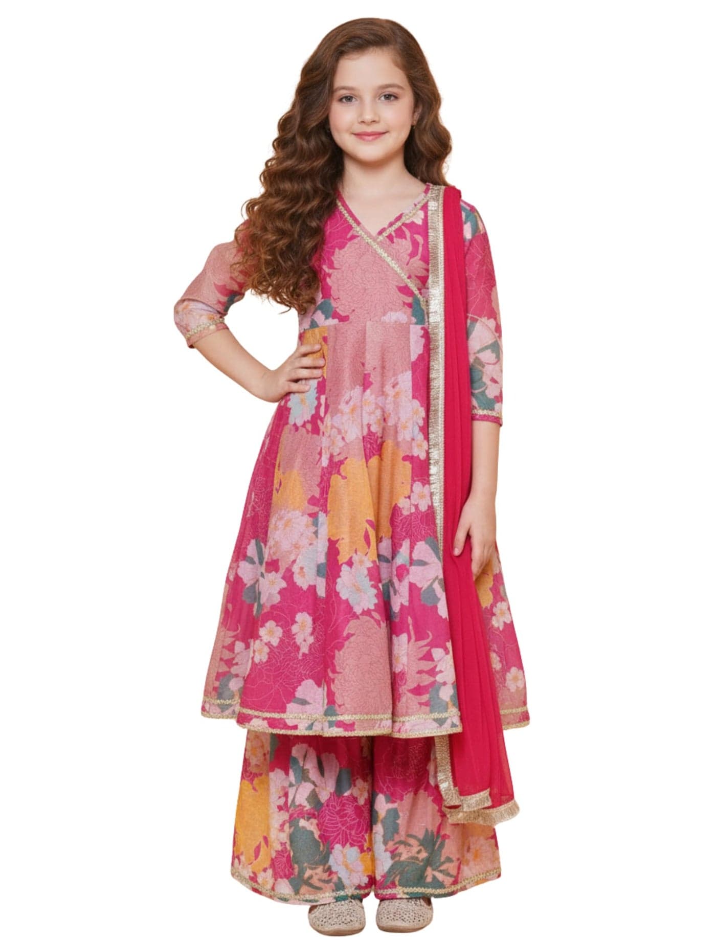 Naixa Girls Rayon Fabric Floral Printed 3/4 Sleeve Pink Sharara Dress Set, 6-7 Years