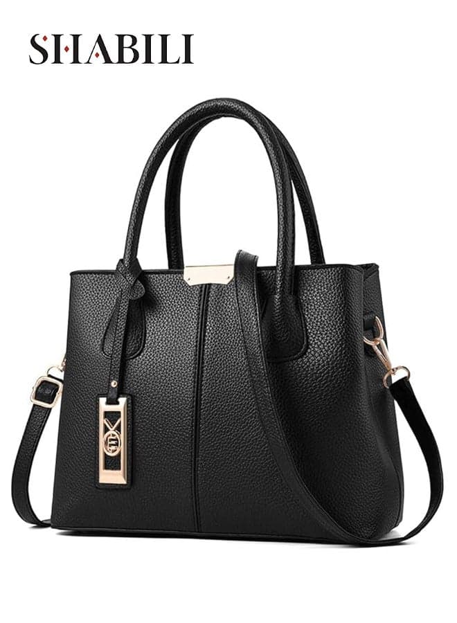 Women PU Shoulder Bag Crossbody Satchel Tote Handbag, Ladies Bag Structured Large Capacity Multi-Pocket Retro Textured Cross Bags, Secure Tablet Phone Wallet for Daily Casual Travel Party (Black)