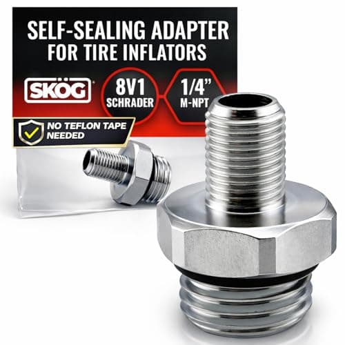 SKÖG Self-Sealing Tire Inflator Adapter – 1/4” NPT Male to Schrader Valve | No Teflon Tape | Leak-Free | for Air Compressors & Inflators