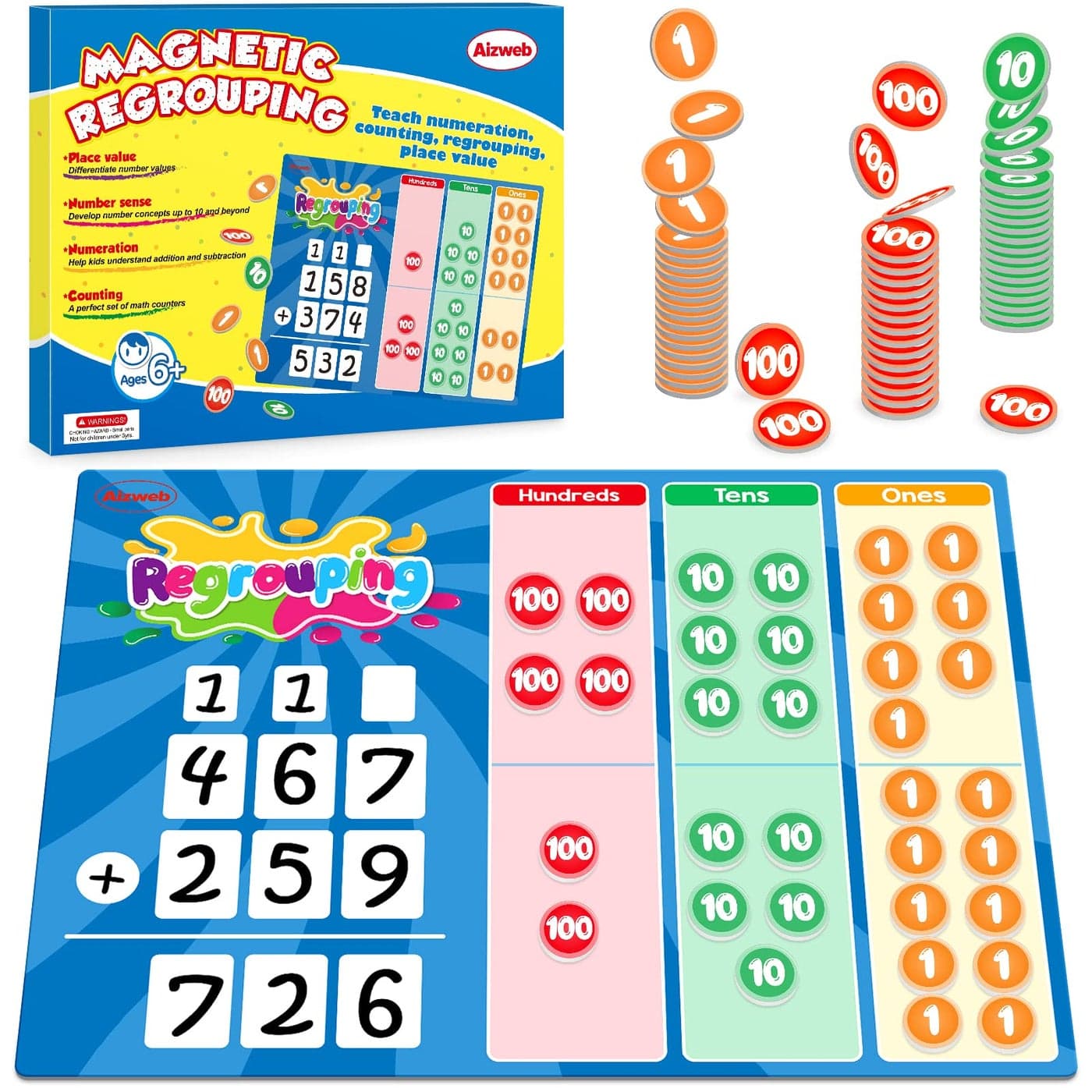 Aizweb Regrouping Base Ten Place Value,Addition and Subtraction Math Manipulatives,Magnetic Dry Erase Board for 1st 2nd 3rd Grade Student Classroom Must Haves,Math Games for Kids Homeschool Supplies