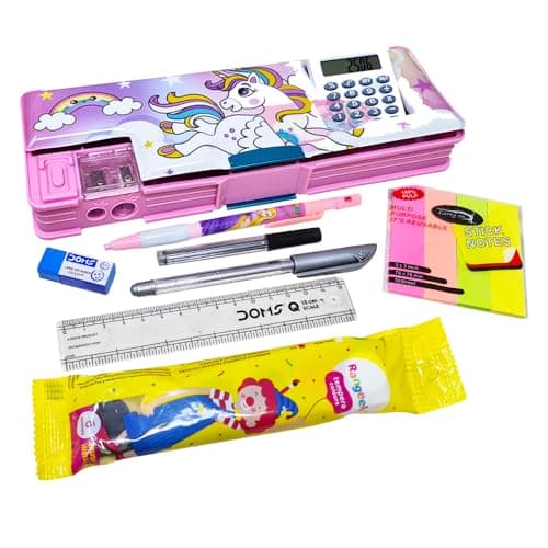 Sidak Unicorn Printed Stationery Combo Pencil Box with Calculator, Sharpener, Pen & Pencil Holder, Dual Side Magnetic Lock, Lead Pencil, Scale, Glitter Pen,Eraser,Stickey Notes,Watercolor for Kids