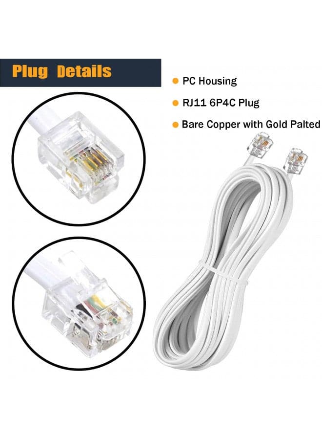 YIENFBEV 25FT Telephone Extension Cord Cable, Landline Phone Line Wire with RJ11 6P4C Plugs, Includes Cable Clips - White - 2 Pack