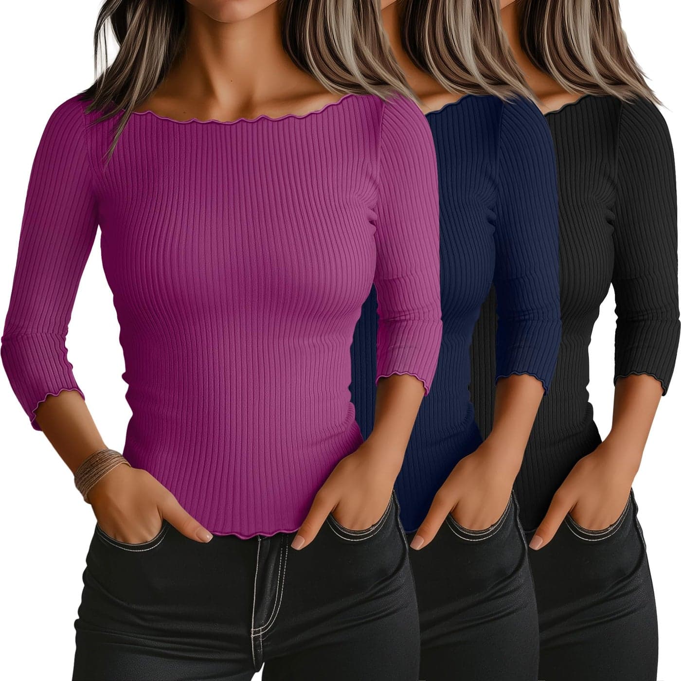 Riyiper 3 Pack Womens 34 Length Sleeve Tops Lettuce Trim Ribbed Boat Neck Shirts Half Slim Casual Basic Fitted TeesBlack Navy Blue FuchsiaLarge