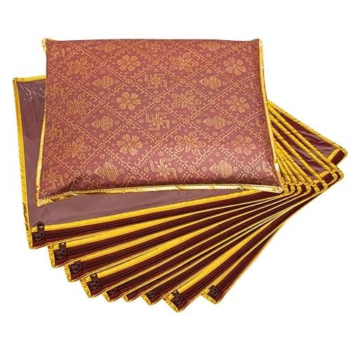 LAXIS® Non-Woven Single Saree Bags Transparent Saree Covers with Zip, Saree Covers for Storage, Wardrobe Organizer Saree Bags Size-36x42x2 CM (Golden Red, Pack of 10)