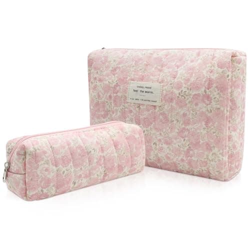 2PC Makeup Bag Set, Cute Cosmetic Bag for Women Girls, Floral Coquette Aesthetic Toiletry Bag, Travel Make Up Organizer Bag (Pink Rose)