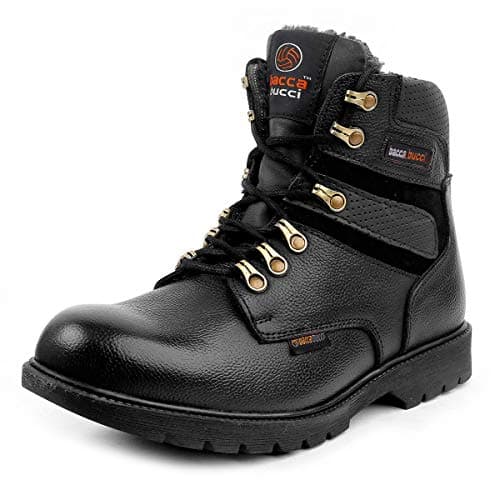 Bacca Bucci® Mens 6 inches Premium Steel Toe Cap Real Grain Leather Outdoor Laceup Boots with Fur/Warranted Qualtiy & Durable Boot- Black, Size UK8