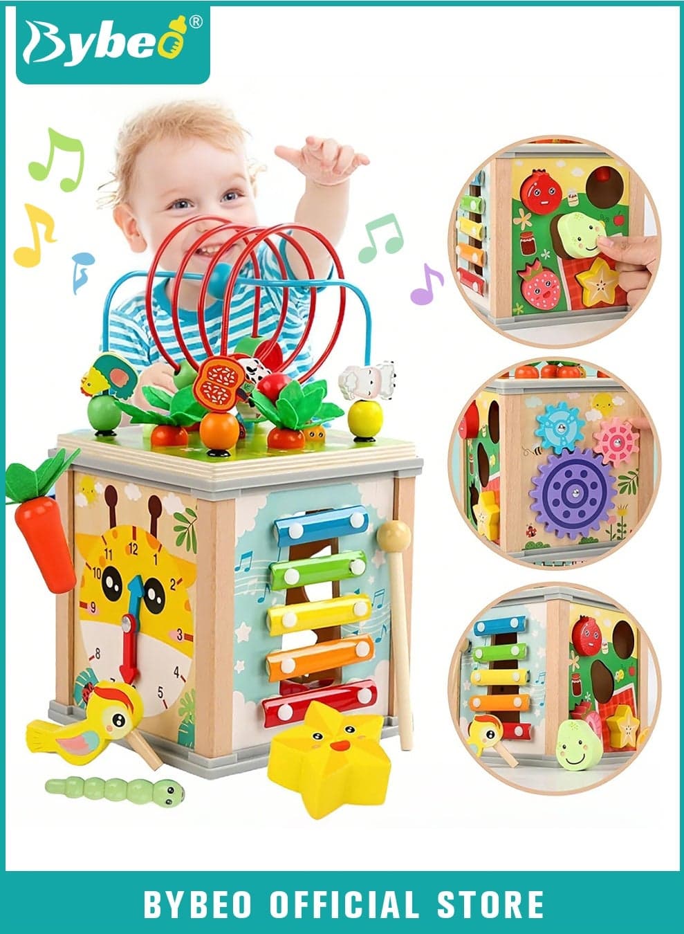 7 in 1 Wooden Activity Cube, Educational Montessori Toys, Early Development Toys for Fine Motor Skills, Busy Cube Toys with Bead Maze Shape Sorter, for Toddlers 12 Months+