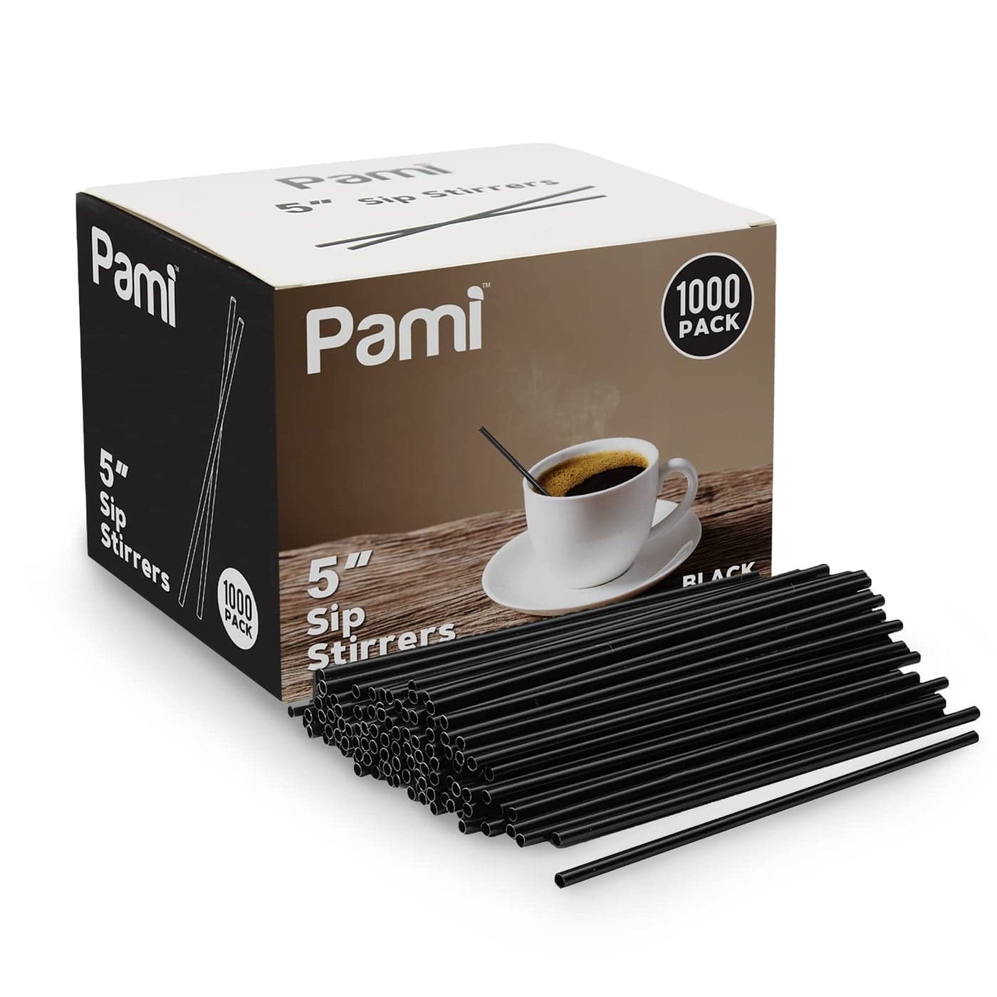 PAMI Disposable Plastic Coffee Stirrers 5 Inch Pack of 1000 Sip Stirrers 5 Inch for Hot and Cold Drinks Black