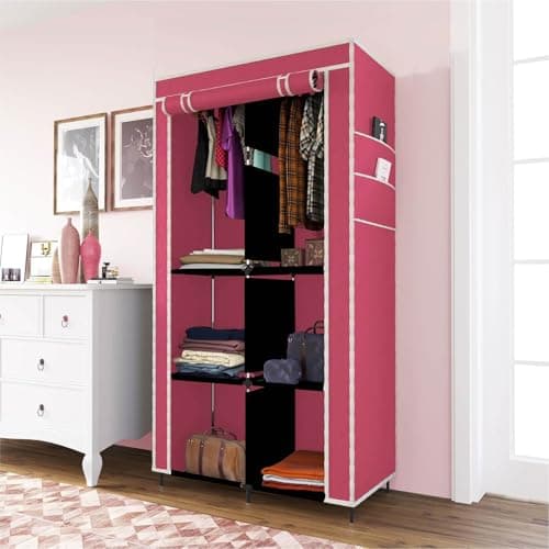 GTC® 3+3 Layer Collapsible Wardrobe for Clothes with Side Pocket 7800-3 (84CM x 42.5CM x 166CM, Maroon) Storage Unit