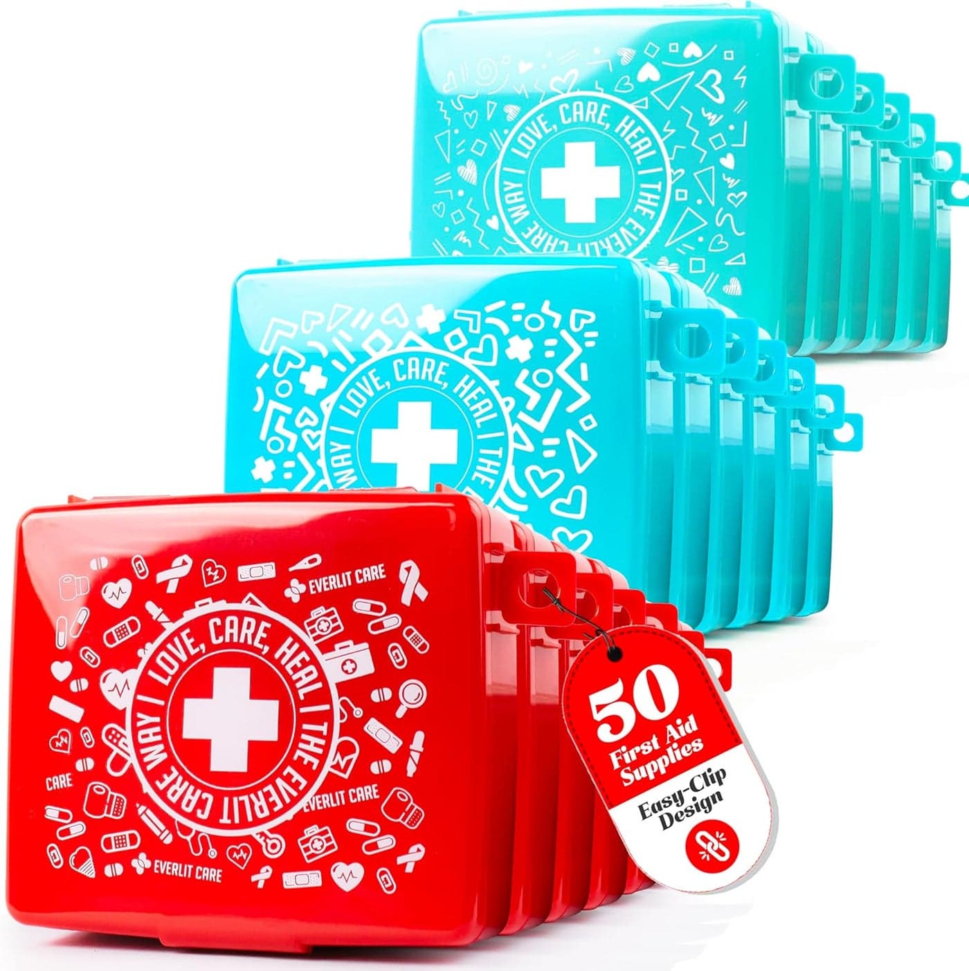 EVERLIT PocketAid Mini First Aid Kit Compact Portable HardShell Cases of 50 Items Cuts Scrapes Wound Care Essentials for Travel Outdoor School Camping Home Office 24 Packs 1200 Pcs