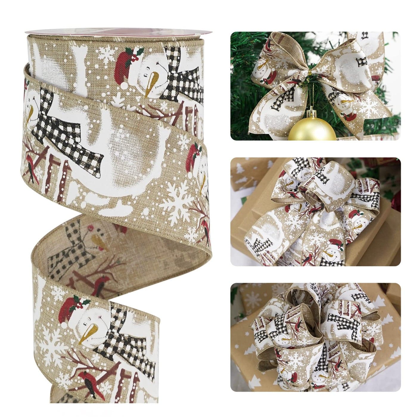 HUIHUANG Snowman Wired Christmas Ribbon 25 inch Snowman Buffalo Plaid Cardinal Burlap Ribbon for Wreaths Xmas Tree Bows Gift Baskets Gift Wrapping and Home Decor 10 Yards