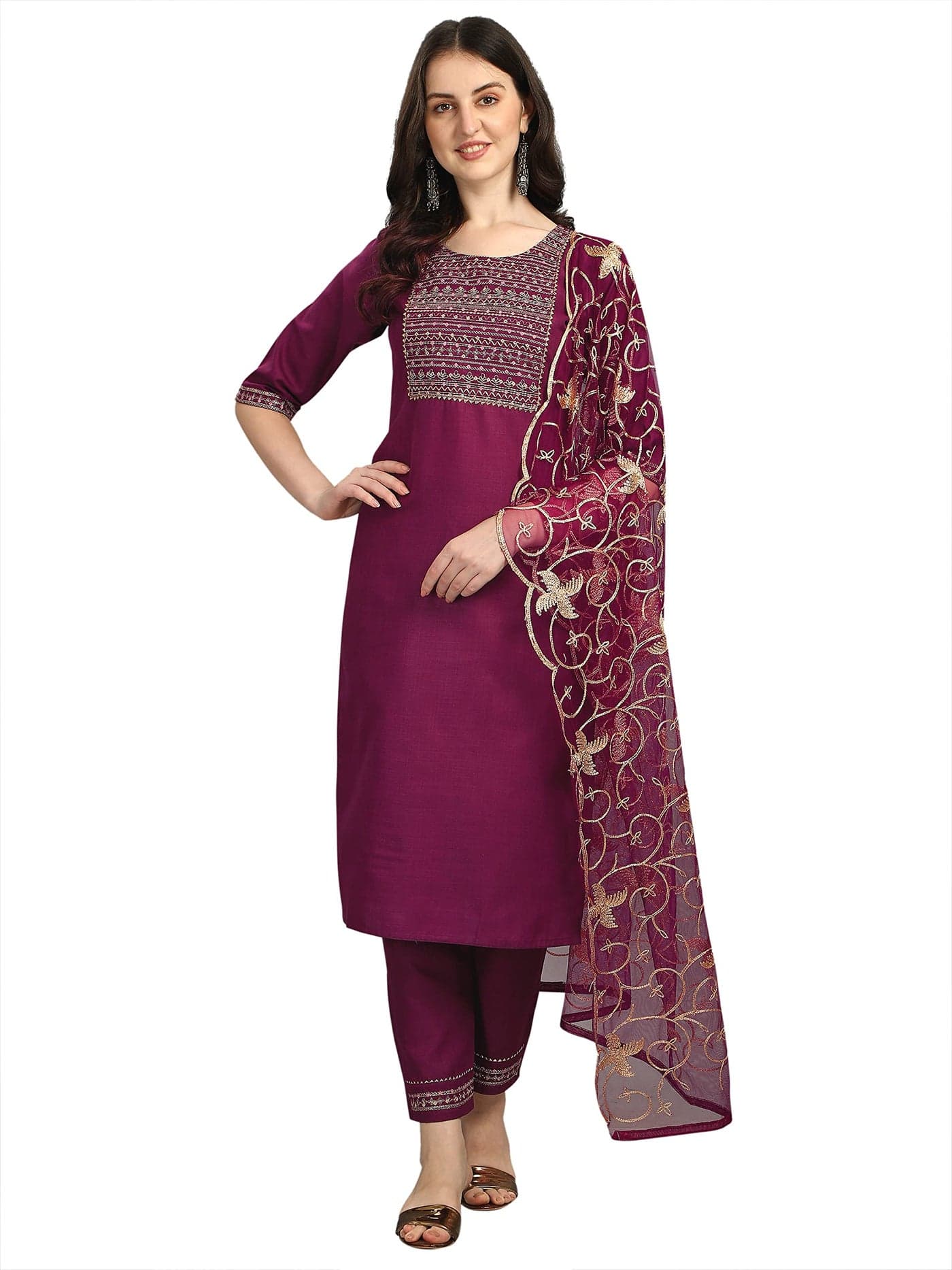 VredeVogel Cotton Slub Straight Kurta Pant and Net Embroidery Dupatta Set for Women (L, Purple)