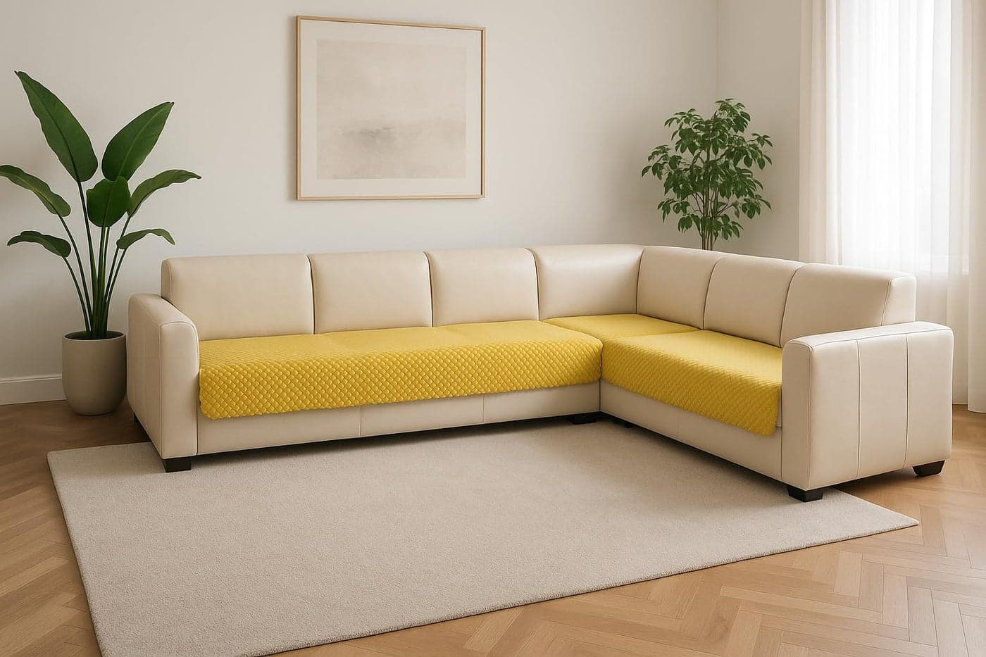 KINGLY Velvet Quilted L-Shape 7 Seater (4+3) Universal Sofa Protector – Premium Non-Slip Fit, Machine Washable Couch Mat for L-Shaped Sofa Set in Living Room (Yellow Lemon, 2pc Set – 23x27 & 90x27)