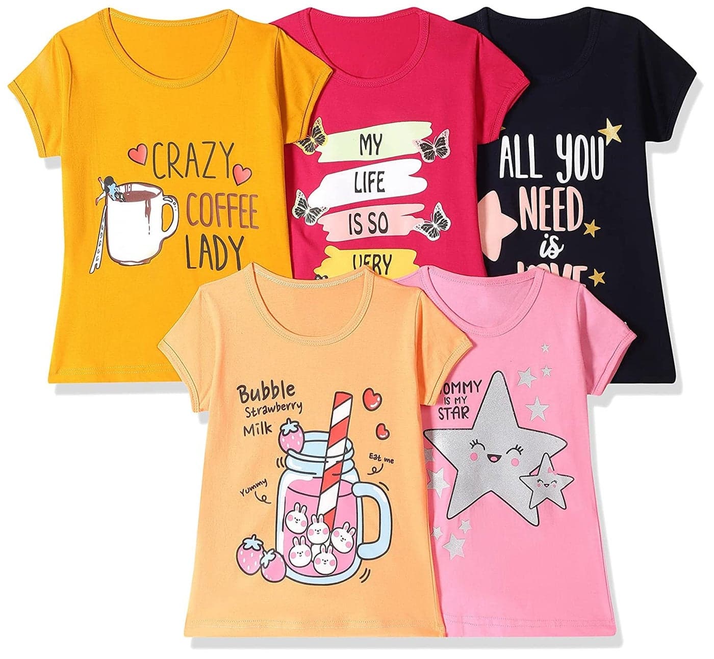 T2F Girl's Cotton Printed Regular T-Shirt(Pack of 5)