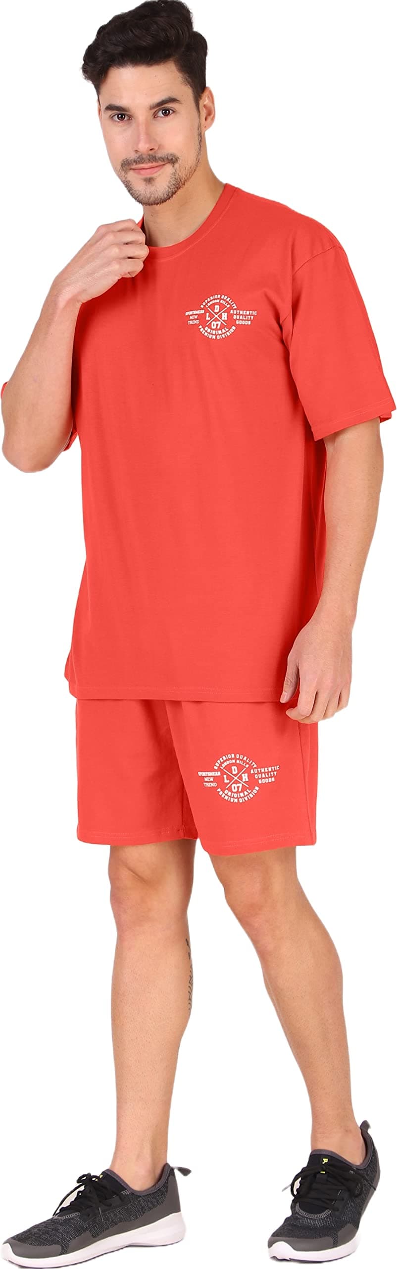 London Hills Cotton Blend Casual Round Neck Co-ord Set for Men's Orange