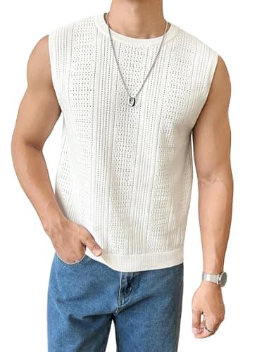 WDIRARA Men's Solid Ribbed Knit Tank Top Sleeveless Round Neck Casual Cami Shirt White X-Large