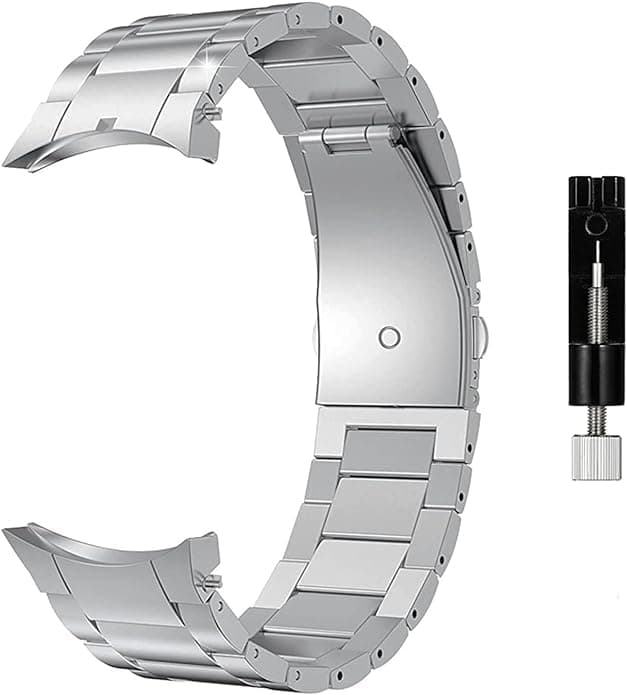 Meyaar No Gaps Heavy Metal Stainless Steel Bands Compatible with Samsung Galaxy Watch 6/5/4 Band 40mm/44mm Galaxy Watch 6/4 Classic Band 42/43/46/47mm Galaxy Watch 5 Pro 45mm Replacement Strap Women Men (Silver Steel Strap + Adjustable Tool)